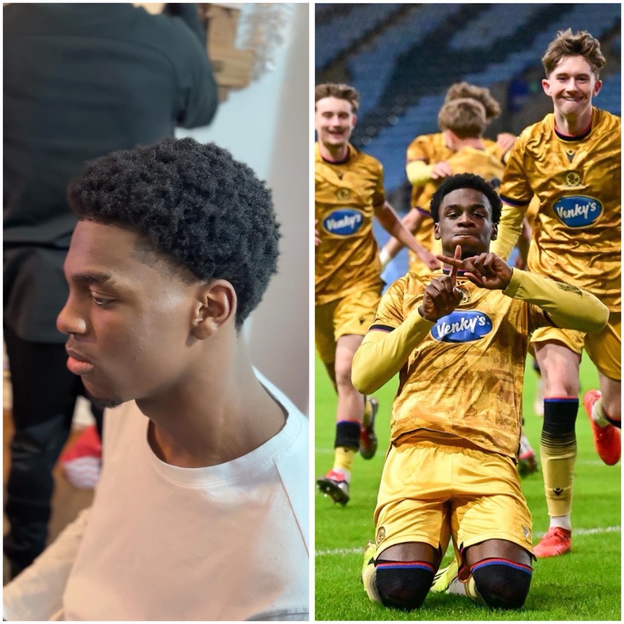 Client in football kit celebrating at the FA Cup